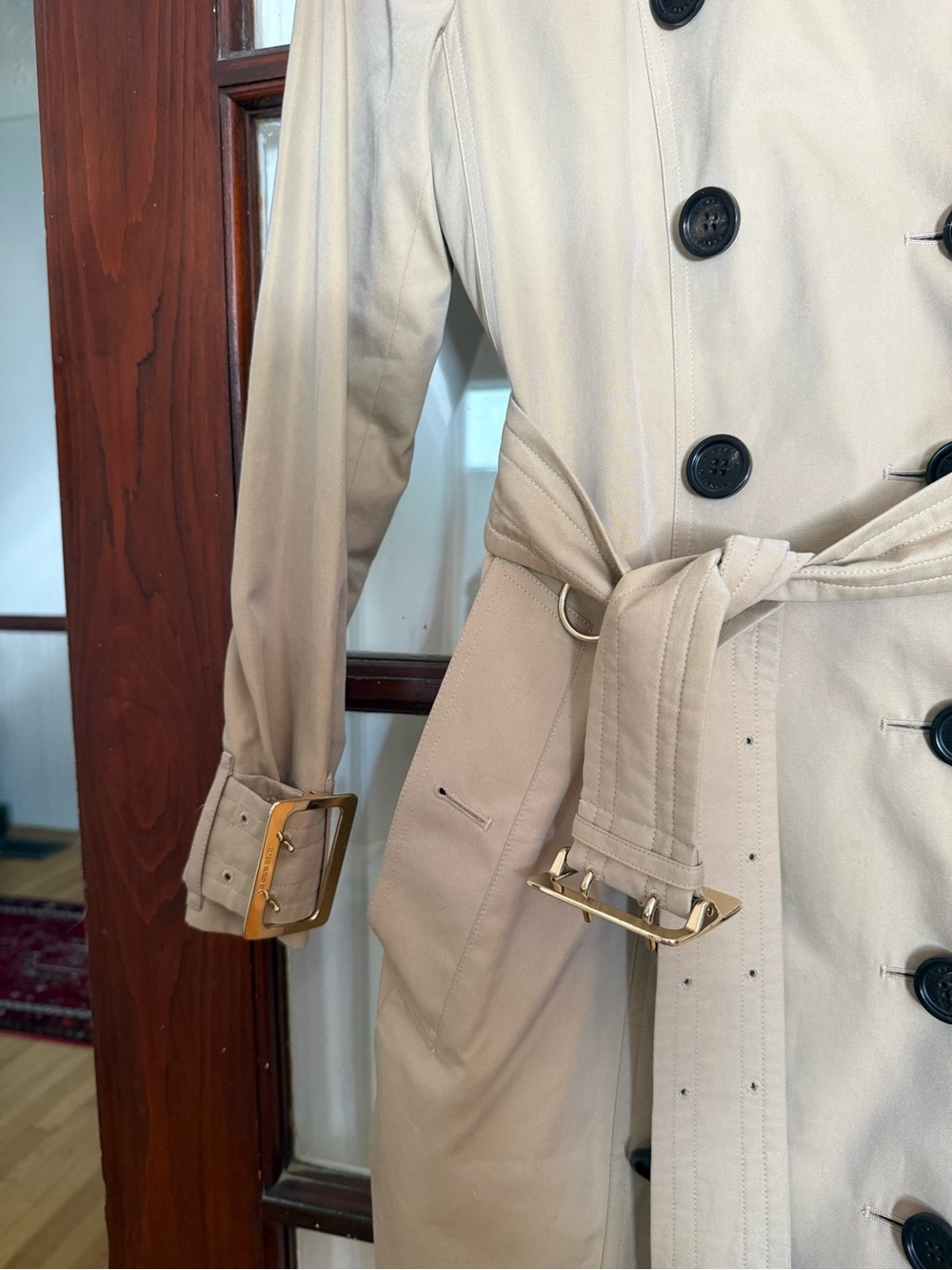 Burberry Honey Beige Double-Breasted Trench Coat with Gold Belt + Buckles - Picture 5 of 16
